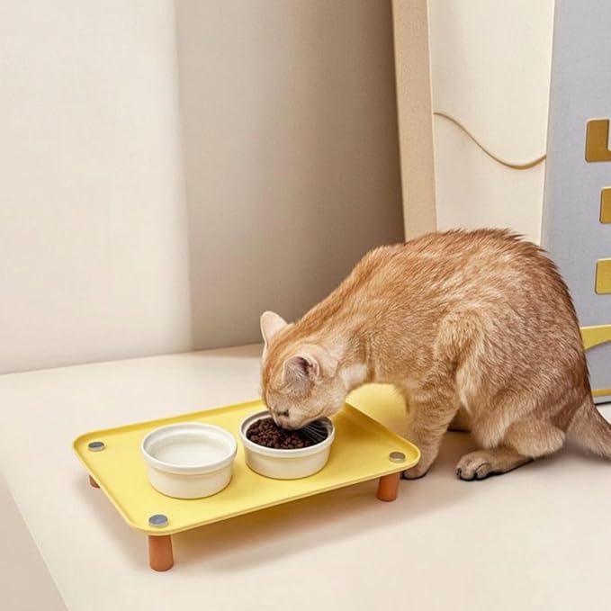 Generic Industrial Dish Elevated Cat Feeder Tray Pet Bowl Stand Raised and Water Organizer Easy Cleaning Surface Suitable for Cats Small Dogs Daily Feeding, Cream Yellow