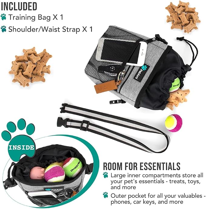PetAmi Dog Treat Pouch, Pet Treat Pouch For Training, Dog Walking Bag Holder for Kibbles, Pet Food Toy, Dog Trainer Essentials Supplies, Poop Bag Dispenser, 3 Ways to Wear (Heather Gray)