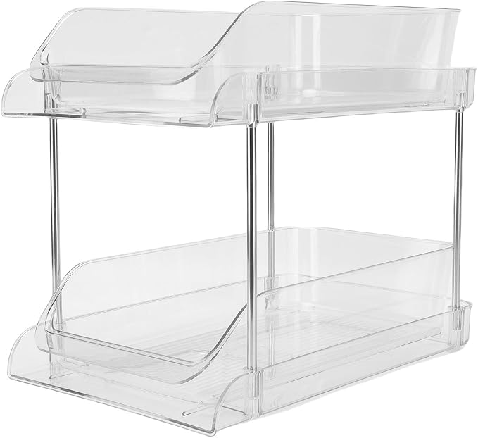 Under Sink Pull Out Organizer 2 Tier | Transparent Acrylic Shelves for Easy Viewing | Stackable Storage for Bathroom/Kitchen/Pantry | 2 Baskets, No Tools Needed