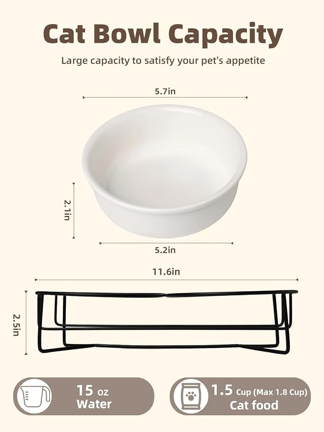 GDCZ Elevated 15 Oz Ceramic Double Cat Bowls with 11.6x2.5 Inch Stand (White)