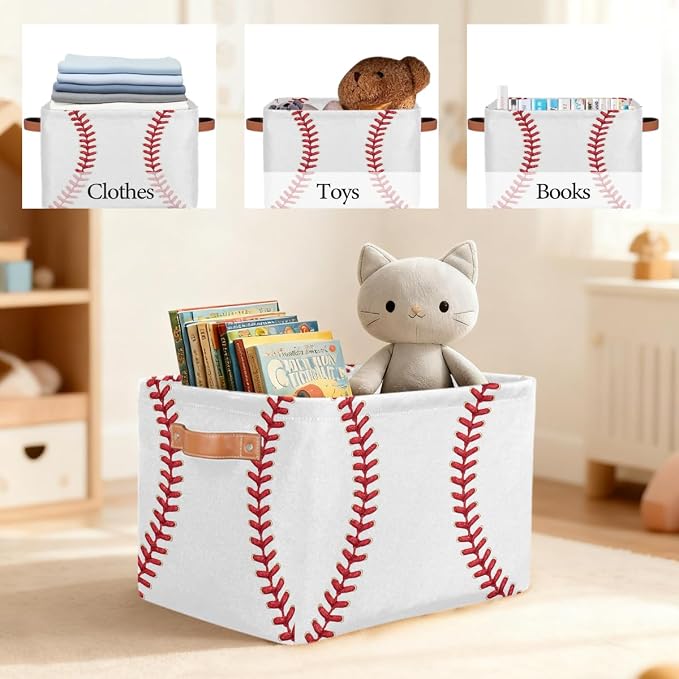 Pardick Storage Baskets Bin, White Baseball Collapsible Canvas Fabric Storage Bin Decorative Baskets Toy Organizer Rectangle Storage Boxes with handles for Home Shelves Nursery,A-2