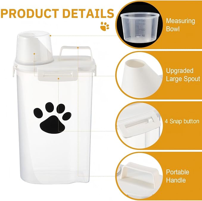 1 Pack Upgraded Dog Food Storage Container with Measuring Cup, Portable Pet Food Containers with Upgraded Large Spout and Cup for Dogs, Cats, Birds, Small Animals (Cream)