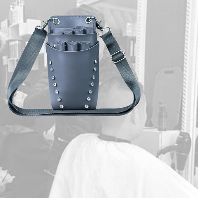 Scissors Pouch Hairdressing Scissors Bag Salon Hairstylist Tool Organizer PU Leather Waist Belt Shear Case Suitable for barbers pet groomers, Gray