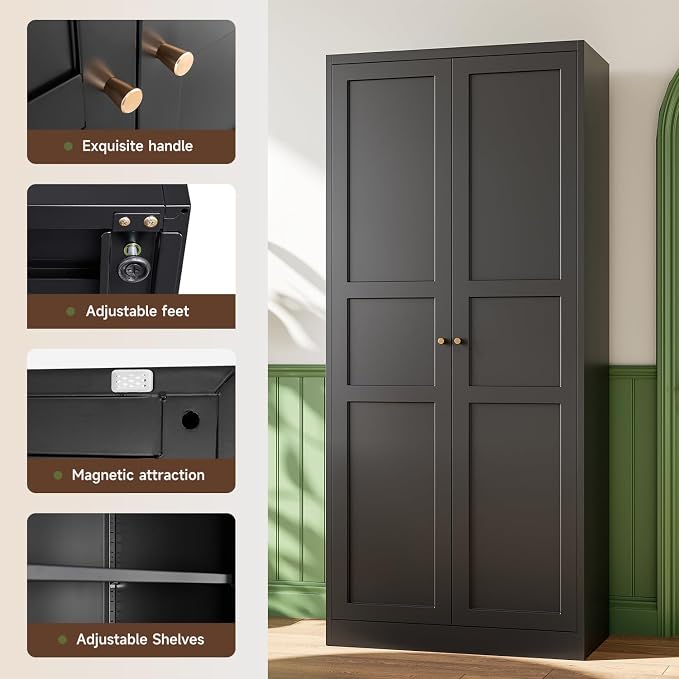 Black Storage Cabinet with Adjustable Shelves-Metal Home Kitchen Pantry Cabinets with Doors,Organization Locker for Cupboard/Bedroom/Dining/Living/Bathroom/Office/Garage Room