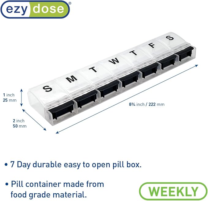 Ezy Dose Weekly (7-Day) Pill Organizer, X-Large Medicine Case, Black/White | Daily Vitamin & Supplement Planner, Spacious Push-Button Compartments, Convenient & Easy to Use, Travel-Friendly, BPA-Free