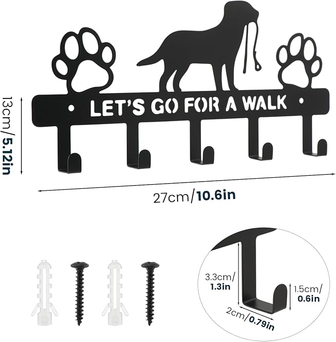 Dog Leash Holder for Wall, Key Holder with 5 Metal Hooks, Let's Go for A Walk Pet Leash & Collar Organizer, Screw Mounted Wall Rack for Entryway, Garage, Mudroom & Hallway