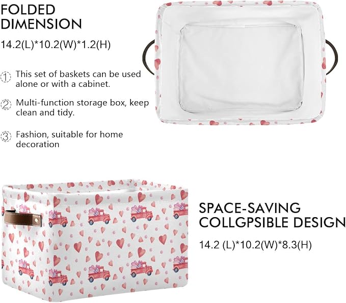 Happy Valentine's Day Storage Basket Fabric Laundry Baskets Love Heart Pickup Truck Car Storage Boxes Organizer Bag for Baby Cloth Dog Toy Book Storage Cubes Shelf Closet Bins 16×12×8 Inches