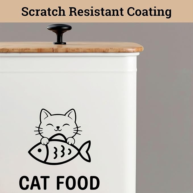 Metal Cat Food Container with Scoop 5-7 lb (25 Cup), w/ Airtight Bamboo Lid | Cat Kibble Canister with Metal Scoop, 25 Cups, Chew Proof Iron Body, Powder Coated, Airtight Bamboo Lid, Sturdy Metal Handle
