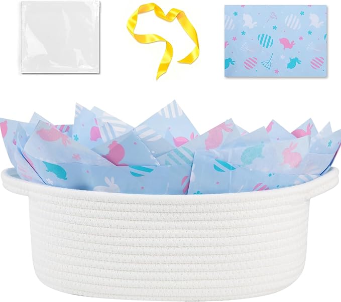 OIAHOMY Gift Basket with Handle, Easter Basket with Gift Bag, Ribbon and Wrap Tissue Paper, Nursery Bins Empty to Fill with Small Items, Baby, Pet Toy Organiser - Easter White