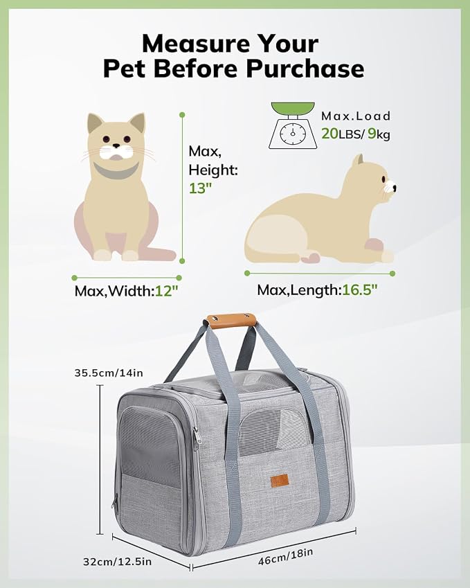 Morpilot Pet Carrier for Large Cats, Puppies & Small Dogs Up to 25lbs | Escape-Proof with Locking Zippers, Dual-Sided Cushion, Safety Buckle for Car &Vet Travel, Includes Foldable Bowl (Light Gray)