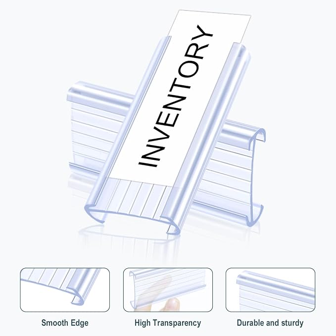 100Pcs Wire Shelf Label Holders with 100Pcs Label Paper Inserts, Plastic Wire Rack Label Holder Compatible with Metro and Nexel 1-1/4in Shelves, Label Area 3in Lx1.25in H