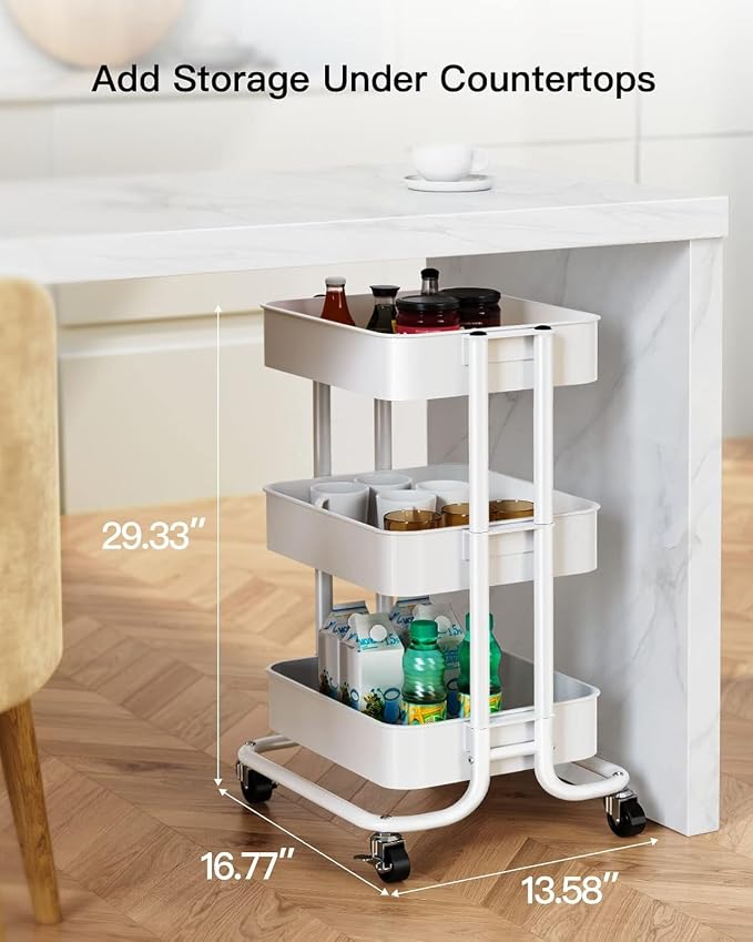 Pipishell 3 Tier Metal Rolling Utility Cart with 2 Lockable Wheels, White | 360° Rotating Wheel, Heavy-Duty Steel, Sturdy Dual Columns, Ventilated Mesh, Hold 22 lbs per Shelf, for Kitchen & Living Room