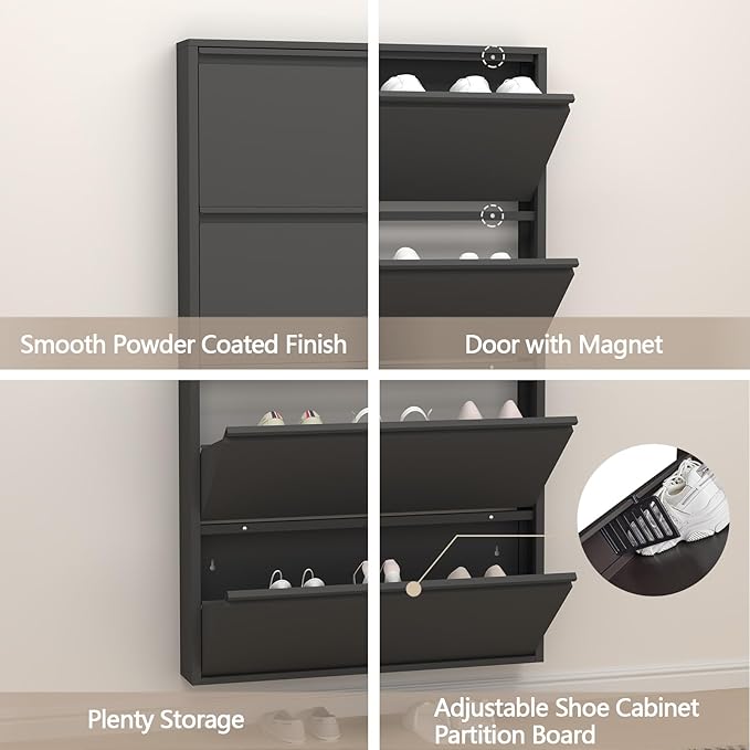 GREATMEET Black Shoe Cabinet Storage for Entryway, Narrow Shoe Cabinet for Entryway Slim, Wall Mounted Metal Hidden Shoe Organizer with 4 Flip Drawers