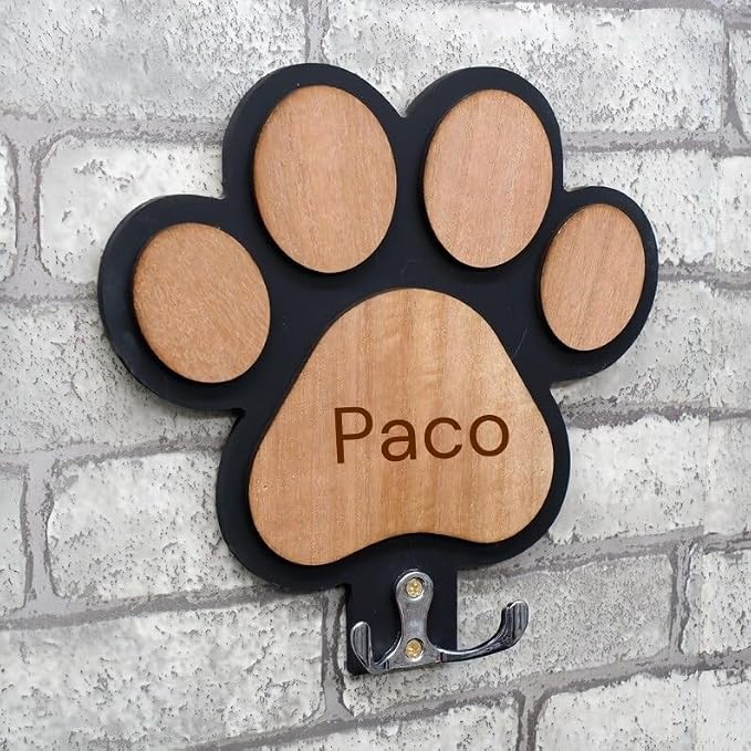 Custom Engraved Pet Name Lead Holder, Hooks Paw Print Wooden Hook, Personalized Pet Leash and Collar Holder, Stylish Wall Mounted Organizer for Dog Enthusiasts(White)