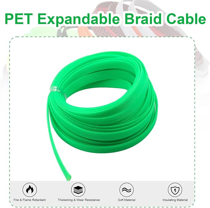 Heyiarbeit 10m/32.8ft PET Expandable Braid Cable Sleeving Flexible Wire Mesh Sleeve Fluorescent Green 12mm