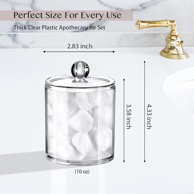 SheeChung 3 Pack Acrylic Qtip Holder with Labels, Qtip Jars for Bathroom | Shatterproof Plastic Apothecary Jars for Bathroom Organization – Vanity Cotton Swab Holder for Cotton Balls,Pads,Floss Picks