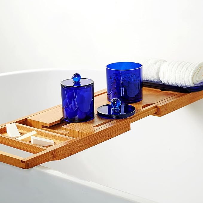 SheeChung 6 Pack Qtip Holder, Blue Acrylic Apothecary Jars for Bathroom | (3) 12oz & (3) 10oz Qtip Holder Set- Shatterproof Bathroom Vanity Organizer for Cotton Swabs, Balls, Pads - Coastal Decor