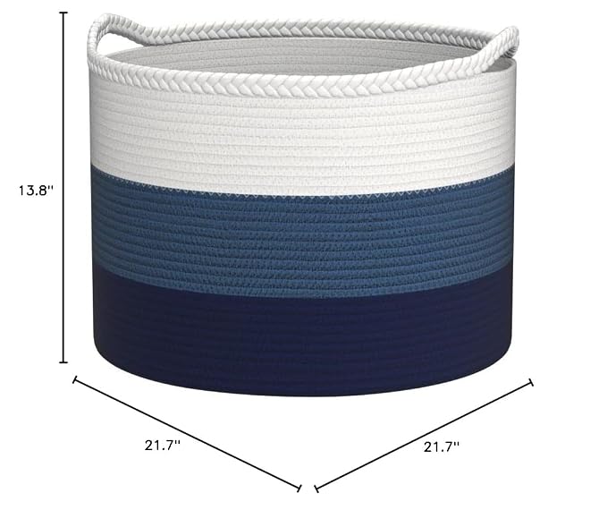 COMSE XXXLarge Woven Blanket & Laundry Basket, 87L, White & Blue | 21.7" x 13.8", Cotton Rope, Nursery Hamper for Storage of Toys Clothes Towels, Ideal for Living Room Bedroom Bathroom