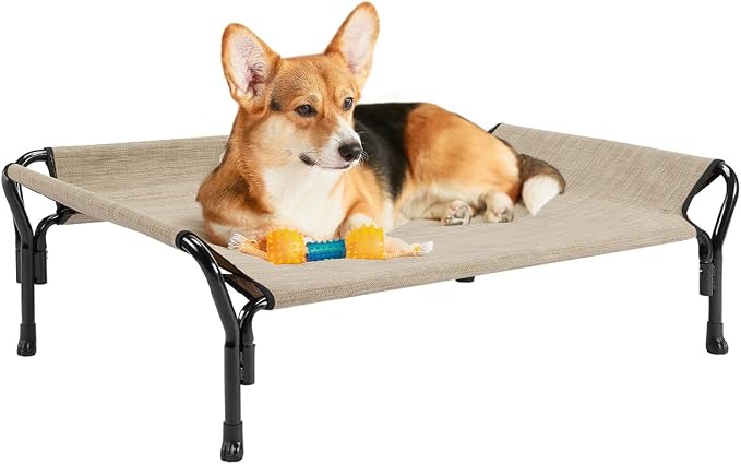 Veehoo Medium Elevated Dog Bed, Guardrail, Non-Slip, Teslin Mesh, 35"L x 26"W x 11"H, Beige Coffee | Washable Dog Couch Bed for Indoor & Outdoor, Durable Breathable Teslin Mesh, Non-Slip Feet, Medium, 39.5" x 28", Beige Coffee