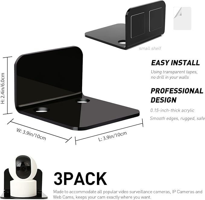OAPRIRE Small Floating Wall Shelf Set of 3, 4" Black Acrylic for Monitors | Universal, with Cable Clips & Tapes, No Drill, Easy to Install, Durable, Fits Security Cameras, Baby Monitors, Speakers