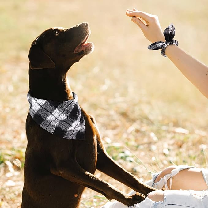 E-Clover White Black Plaid Dog Bandanas Matching Dog Bandana and Scrunchie | Matching Dog and Owner Clothes Dog Mom Gifts Dog Bandanas Girl Boy