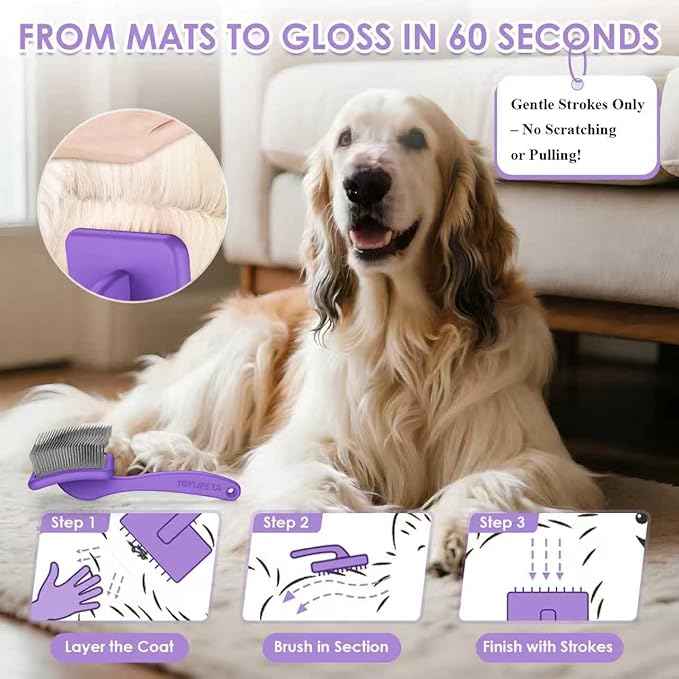 Large Dog Slicker Brush for Goldendoodles, Poodles - 3 in 1 Grooming Kit with Undercoat Rake, Comb - Extra Long Pins for Dematting Great Pyrenees, Thick Coats, Shedding, Detangling, Purple