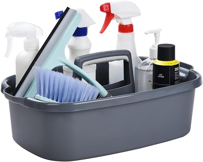 Large Cleaning Caddy with Handle, Tool Storage Basket Organizer, Sturdy Pail Bucket Organizer, Household Bucket for Cleaning Supplies - Gray