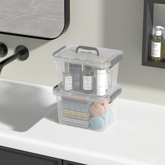 6 Quart Small Latching Bin with Lid, Plastic Storage Box, 6-Pack | Clear Plastic Tote Containers with Handle