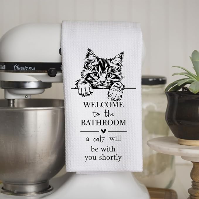 KIDEAR Funny Cat Bathroom Decor Welcome to The Bathroom Hand Towel,1 PCS Cute Cat Kitchen Towels for Toilet Wall Decorations,Cute Animal, Gifts for Women, Pet Owners Housewarming - A10