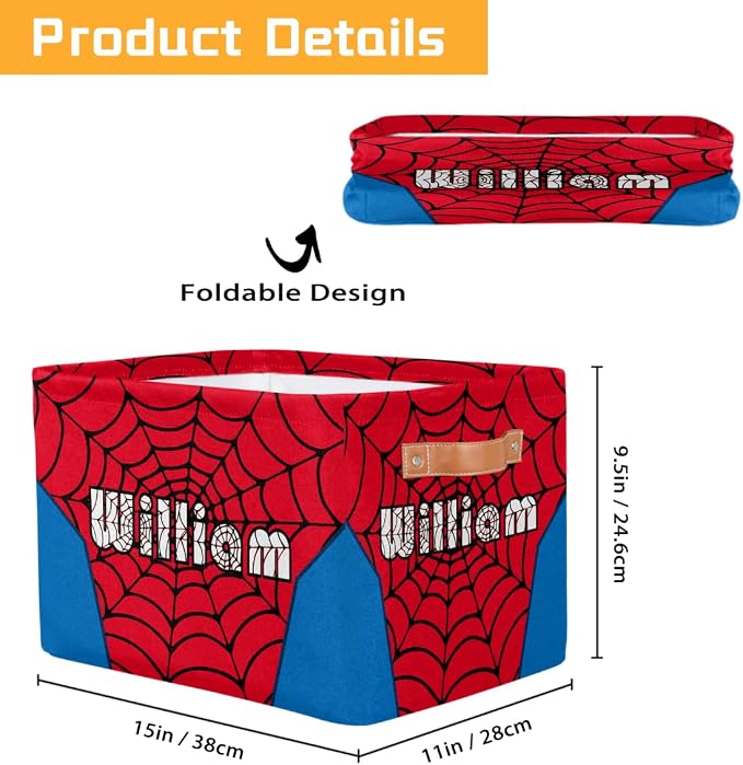 AUUXVA Custom Name Rectangle Storage Basket with Handles, Personalized Spider Web Cube Organizer Bins for Shelves Collapsible Toys Storage Box Clothes Baskets for Nursery Home Kids Room