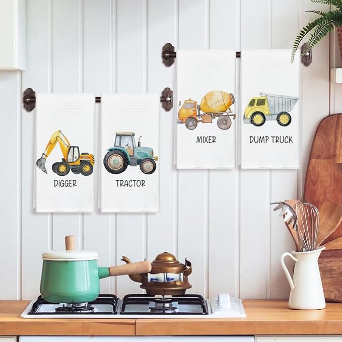 Construction Vehicles Kitchen Towels and Dishcloths Set of 4, Decorative Kids Hand Towel Drying Cloth for Bathroom, Gift for Boys, 16x24 Inches -01