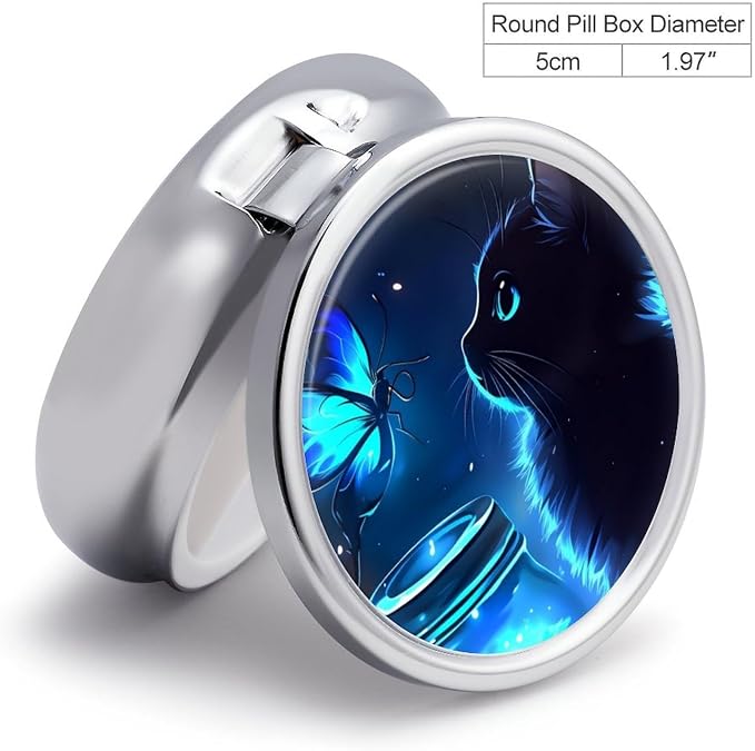 Black Cat Pattern Metal Round Pill Box, 3 Compartment Travel Organizer, Portable Pill Container with Secure Latch, 2 Inch Circular Vitamin Caddy for Pills and Vitamins, Gift for Him Her Elderly