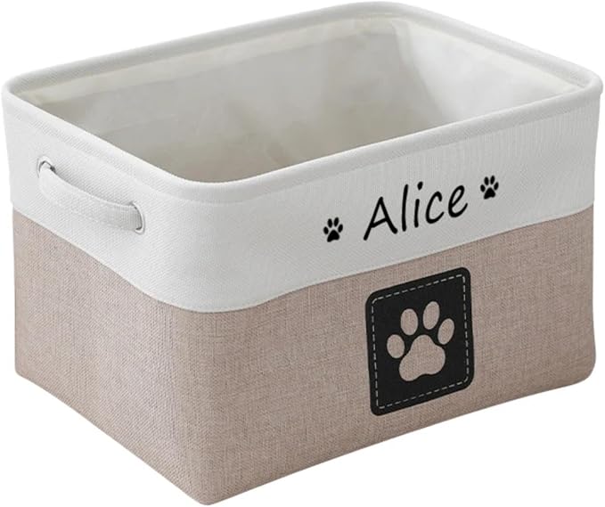 Custom Name Pet Dog Toys Basket/Bin, Paw Custom Personalized Logo Cat Clothes Box Accessories Organize Storage Bin, 4 Patterns Round Paw, Classic Paw, Heart or Name Only (Khaki)