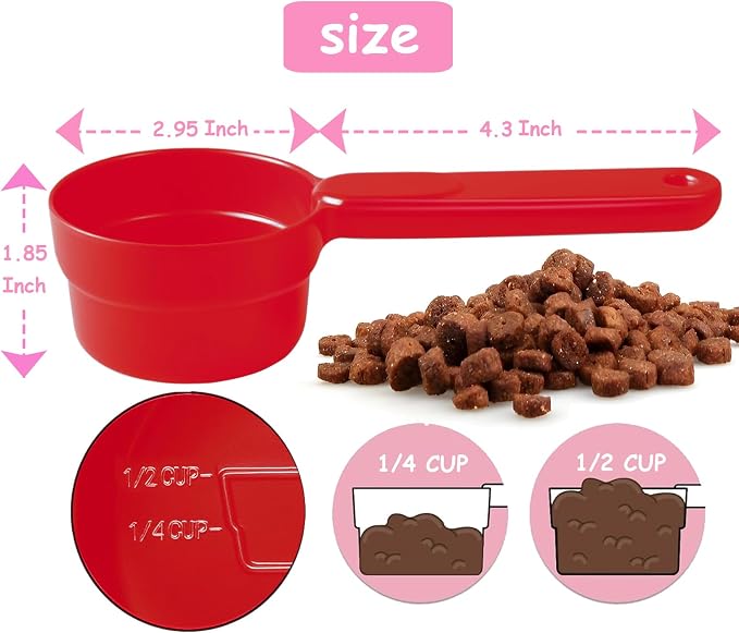 Joyinjojo Dog Cat Food Scoop - Pet Food Scoop Dog Food Measuring Cup 1/2 1/4 Cup, Comfortable Long Handle for Easy to Scoop Food, Red 1/2 Cup
