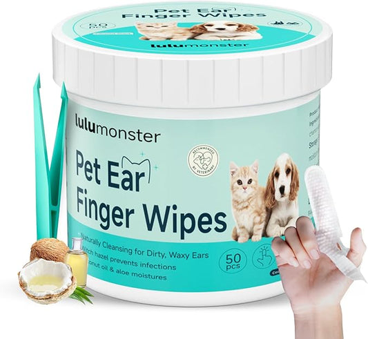 Dog & Cat Ear Cleaner Finger Wipes, Vet‑Recommended for Dog Ear Infection Relief, Itching & Inflammation, Remove Wax Dirt, Stop Smelly, Non‑Irritating, 50ct (Coconut Scent)