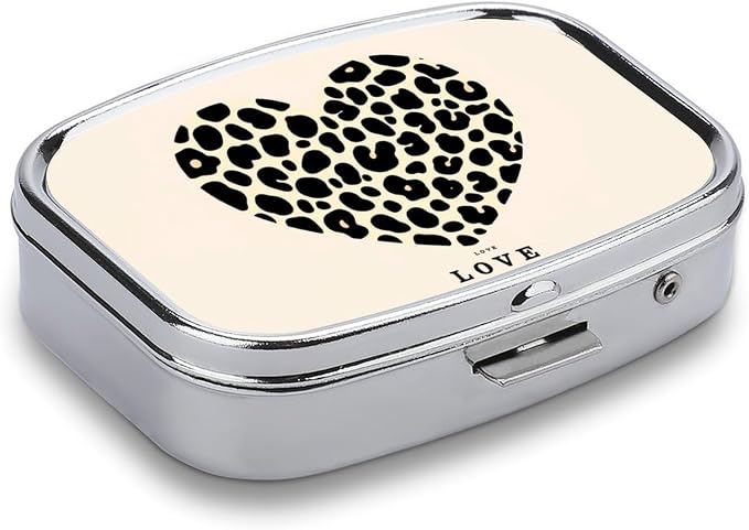 Leopard Print Heart Durable Metal Pill Case for Daily Use, 2 Slot Medicine Box Organizer,Leak Proof Travel Pill Container for Vitamins, Compact Pocket Medicine Holder for Seniors,Holiday Gift