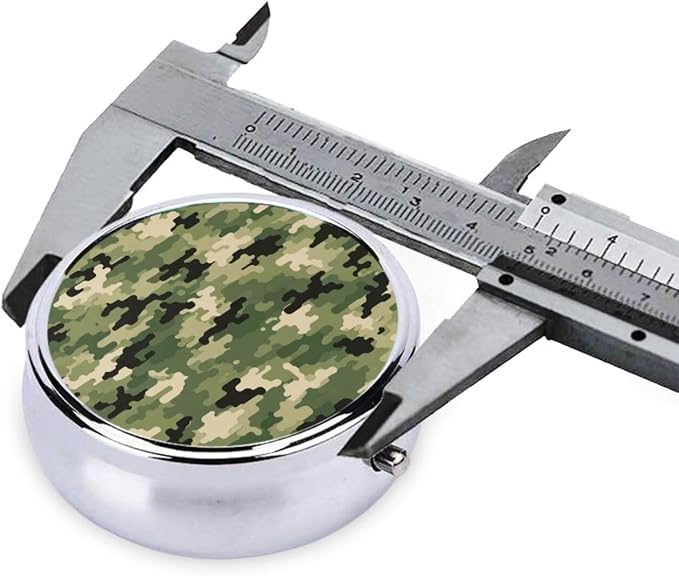 Round Pill Box, Army Camo Camouflage Portable Travel Organizer, Metal Case with Mirror, Pocket Purse Container for Supplements