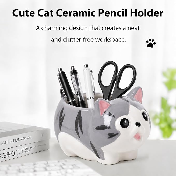Ceramic Cat Shaped Pen Pencil Holder for Desk Decoration Accessories Cat Decor Makeup Brush Pen Cups Office School Ideal Gifts for Women, Mom or Birthdays
