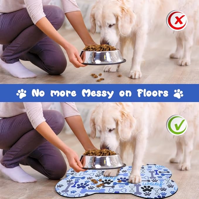 Dog Food Mats for Floors Waterproof, Pet Feeding Absorbent Water Bowl Mat Cat Placemats Blue Bone Shape 23.6 * 15.7 inch