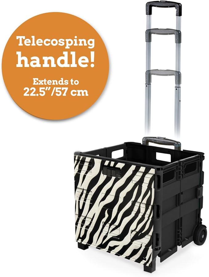 Ultra-Slim Rolling Collapsible Storage Pack-N-Roll Utility-carts, with Telescopic Handle, for Home, Garden, Shopping, Office, School use, Large, Zebra