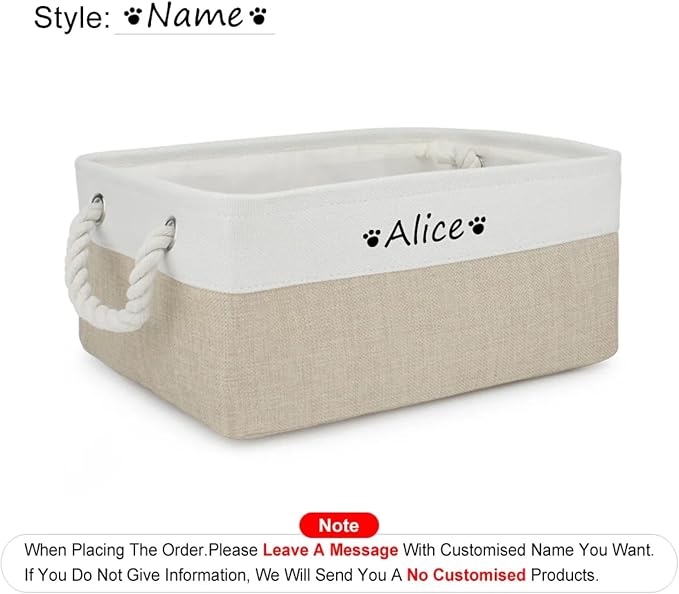 Pet Toy Storage Box Dog Toy Organizer Basket Personalized Large Capacity Collapsible Bin Two-Tone Linen Chest with Sturdy Handles for Living Room Pet Supplies Organizing (White Khaki M)