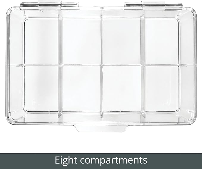 mDesign Plastic First Aid Kit Storage Box with Clear Top Lid for Bathroom, Kitchen, Cabinet, Closet, Drawer - Organizes Medicine, Ointments, Adhesive Bandages, Dental, 8 Divided Sections - Clear