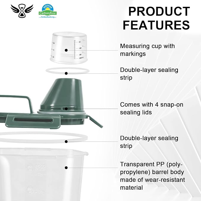 LEAWALK 3-5Lbs/3Qt Dog Cat Food Storage Container With Foldable Bowl, Plastic Pet Food Dispenser for Small Animal Kibble/Pet Food/Bird Seed/Oatmeal/Rice/Flour/Brown Sugart/Cereals (Dark Green)