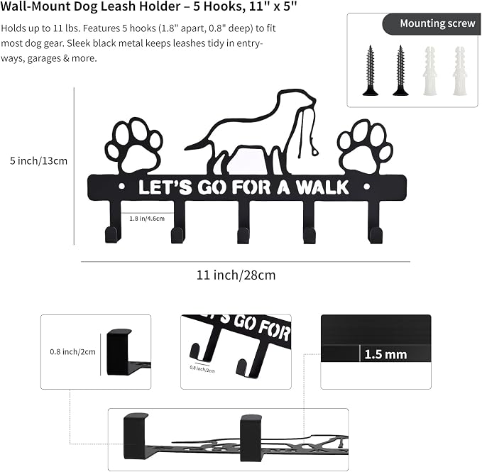 Dog Leash Holder for Wall – Dog Leash Hooks, Leash Holder, Dog Hooks, Decorative Dog Leash Organizer w/ 5 Hooks, Hooks for Hanging Dog Leashes, Dog Leash Hanger Organizer, Wall Mount Dog Leash Rack