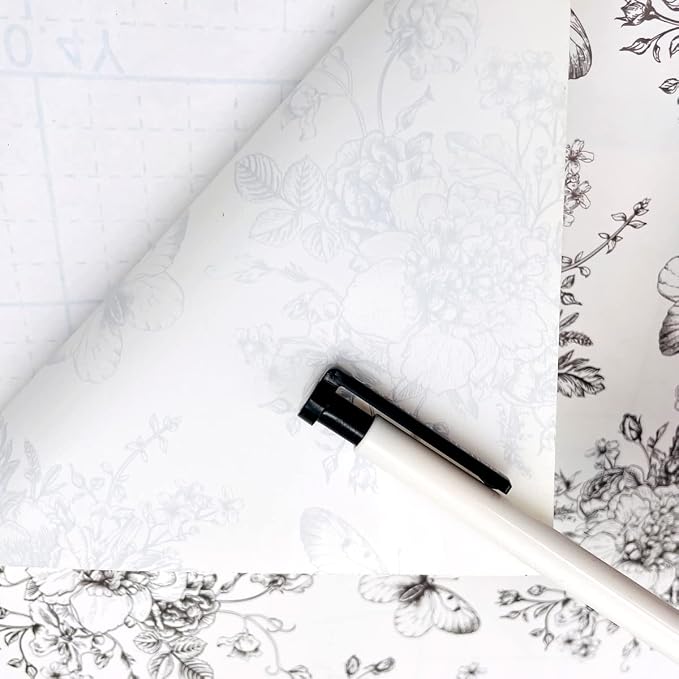 Easy Apply Shelf Liner Removable Furniture Paper Decorative Workspace Organizers Sofa Tables, Black-White Peony Butterfly, 17.7 Inch by 9.8 Feet
