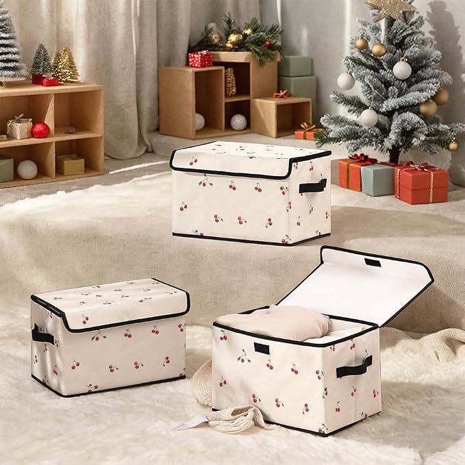 Stackable Clothes Storage Bins with Lids 3 Pack. | Closet Organizers Fabric Cat Printing Box for Home and Office,Blanket Clothes Organizers,Under Bed Storage Containers