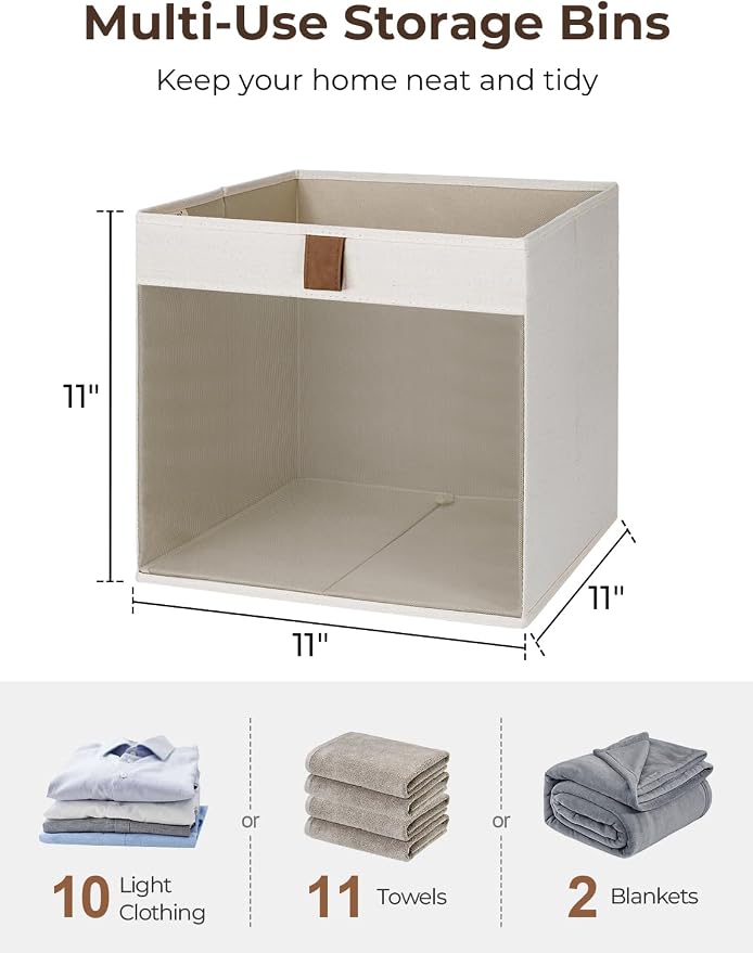 StorageWorks 11 Inche Cubes Storage Bins, Closet Bins, Beige, 3-Pack | See-Through Mesh Front, Soft Leather Handles, Flip to Show/Hide, Fabric Storage Bins for Closet, Shelves, Cube Organizers