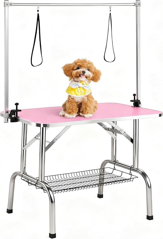 GarveeTech Dog Grooming Table, 36 Inch Pet Grooming Station w/Arm & Noose | Adjustable Height, Foldable Design, Non-Slip Surface & Mesh Tray, Holds Up to 330Lbs for Cat/Dog Trimming Drying, Pink