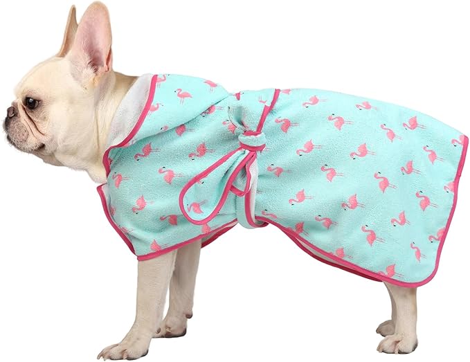 HDE Dog Bathrobe Super Absorbent Quick Drying Puppy Towel Wrap Coat Adjustable After Bath Robes with Hood for Dog Sizes S-XXL Flamingos M