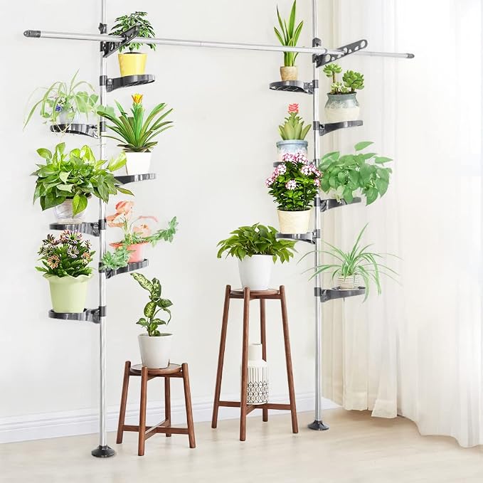 Plant Stand Floor to Ceiling-12 Trays Flower Pot Holder Tension Rod Grey | Indoor Telescopic Display Rack with 2 Hooks & Drying Rod | Adjustable Storage Organizer for Home Garden Decor | BAOYOUNI